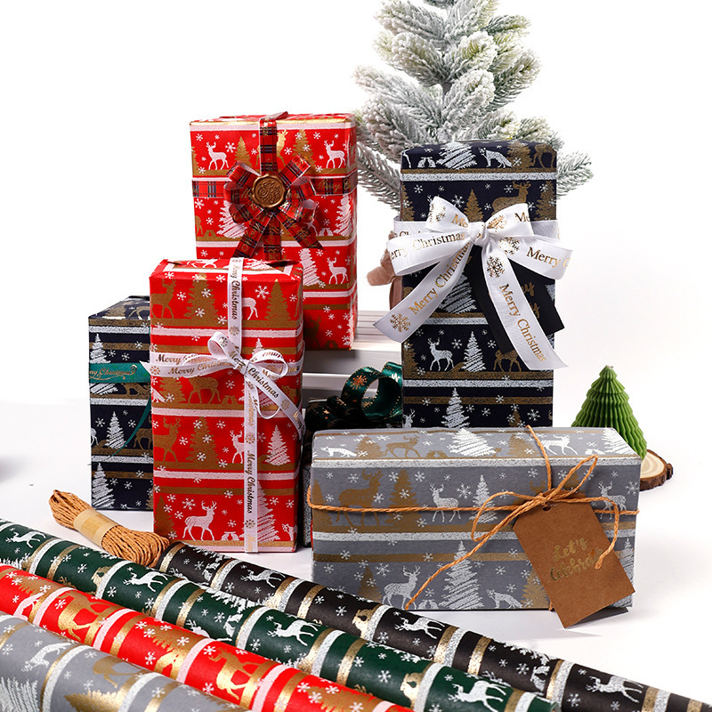 Amazon explosión de gran tamaño de Navidad retro papel de embalaje de alce de alta calidad papel de embalaje de regalo en stock