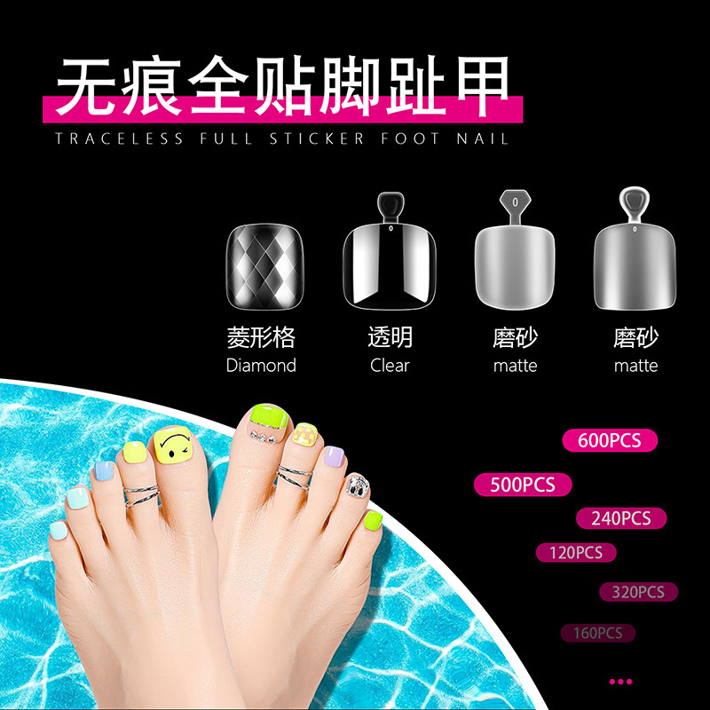 Manicure Fake Nail Foot Nail Pieces Toenail Transparent Frosted Diamond Plaid Mermaid Foot Nail Pieces Boxed Nail Patch