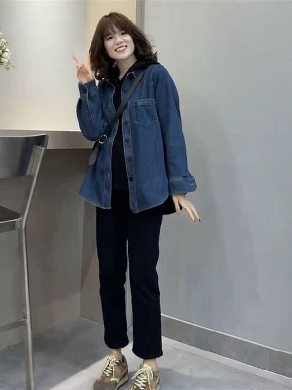 复古水洗牛仔衬衫女秋冬季复古港风轻奢加厚叠穿打底内搭衬衣上衣|undefined