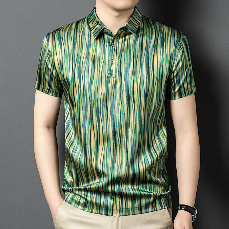 Áo polo nam tay ngắn lụa tơ tằm cổ bẻ họa tiết — Màu xanh lá cây sơn dầu 6133