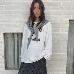 苏奈 配条纹披肩韩系百搭印花猫咪字母宽松磨毛长袖T恤fromanna
