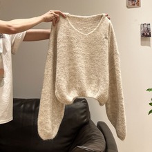 纯色V领针织厚长袖毛衣女2025秋冬卫衣外套内搭打底衫宽松上衣