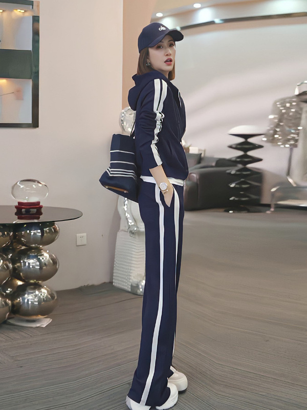 欧货休闲运动套装女春秋新款宽松时尚撞色拉链连帽卫衣两件套|undefined