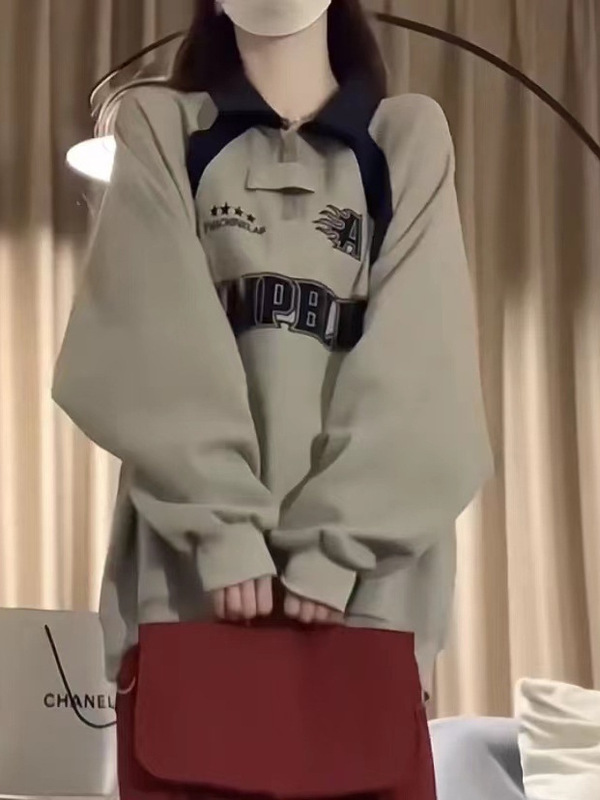 学院风polo领卫衣女宽松oversize复古半拉链设计感小众外套春秋季|undefined