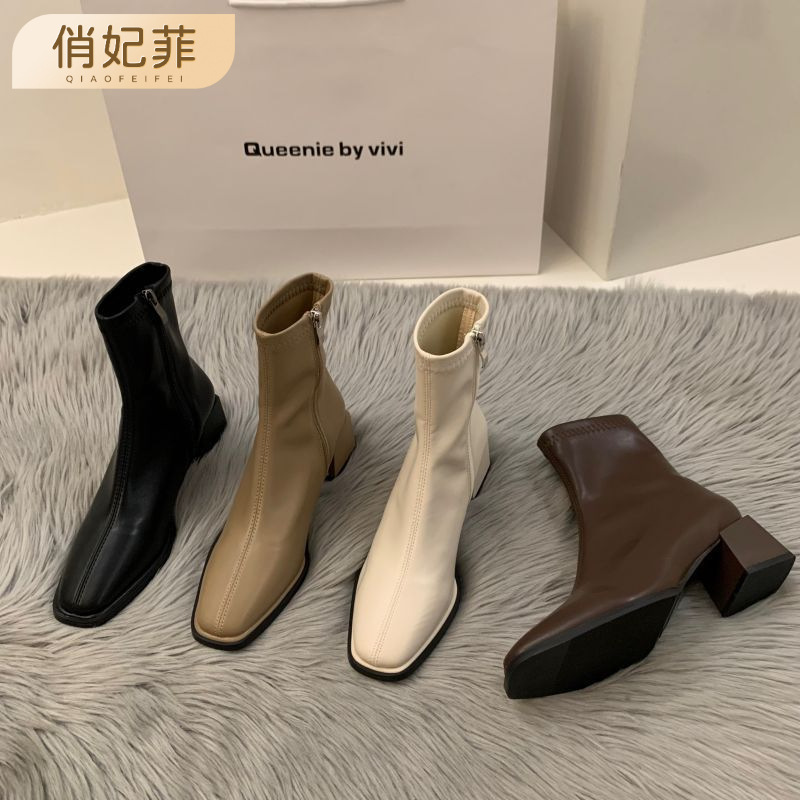 White high heel square toe thin French style short boots women's shoes 2023 new spring and autumn single boots Brown Martin boots
