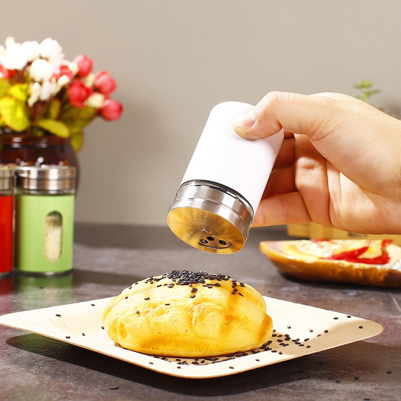 Botella de condimentos de acero inoxidable y vidrio, tamaño ajustable para sal, pimienta o barbacoa