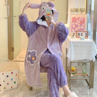 Pajamas Women's Winter Thickened Coral Fleece Ankle Nightgown Autumn and Winter Star Dailou Rabbit Flannel Nightgown Two-piece Set