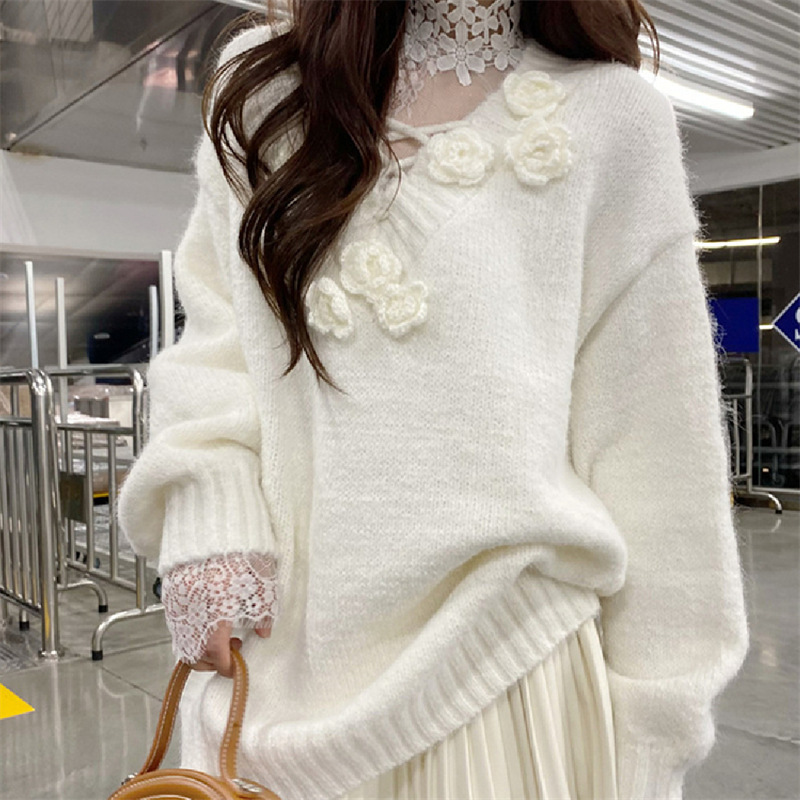 優しくスリムな立体花柄Vネックゆったり長袖セーター2025秋冬新作ニット柔らかトップス