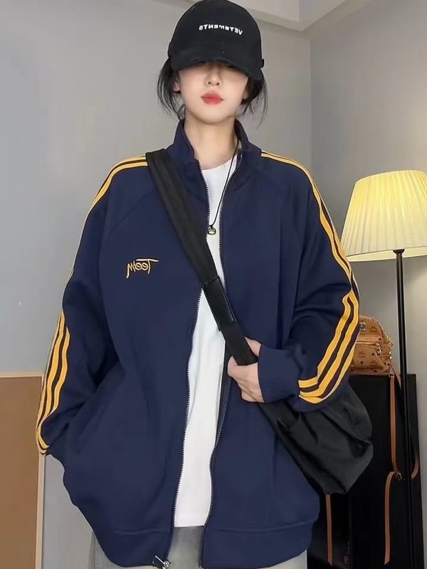 复古美式立领三条杠卫衣外套女春秋新款宽松休闲棒球运动夹克上衣|undefined