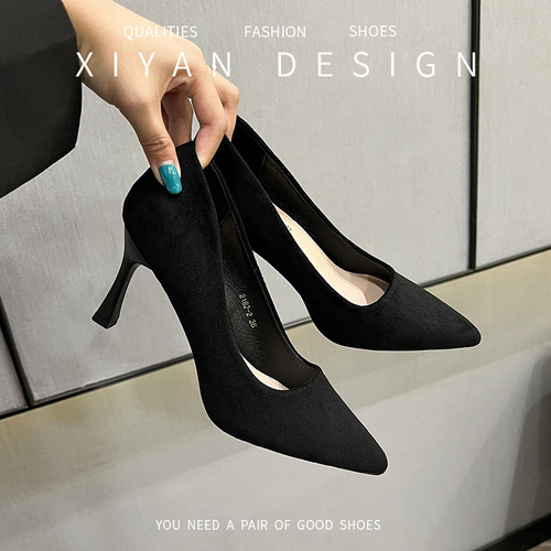 Student Etiquette High Heels Spring Medium Heel Black Felt Surface Professional Work Single Shoes for Women