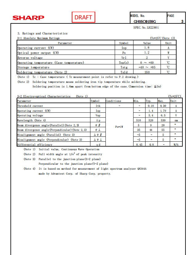 Description Picture 2 of item1PCS Sharp GH05C01B9G 520nm 1W 9mm Laser Diode