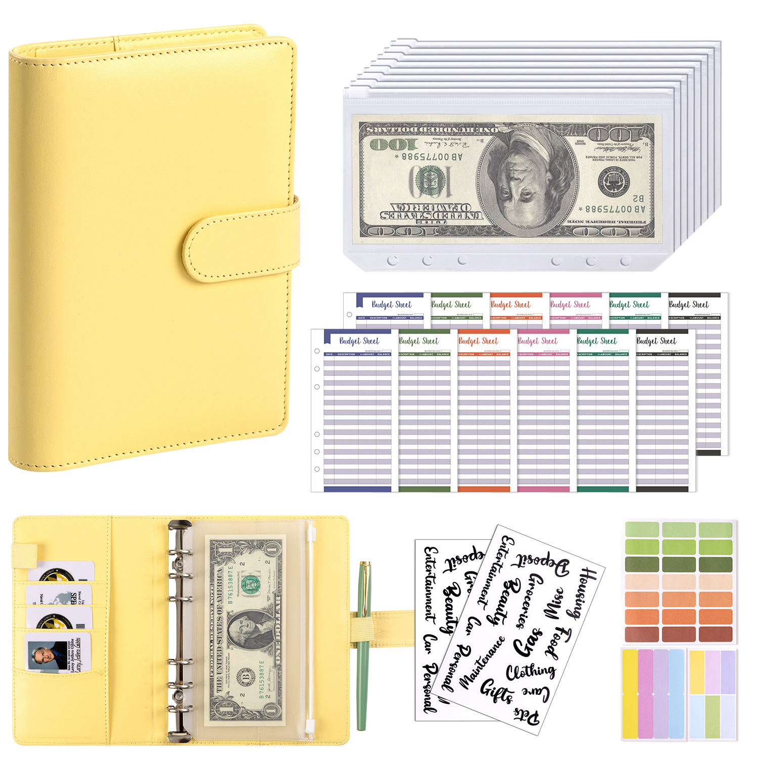 Presupuesto transfronterizo Cash Clip de hojas sueltas Bolsa con cremallera Sobres Libro de cuentas A6 Macarons PU Cuaderno de hojas sueltas de cuero