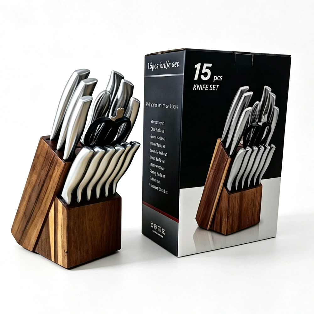 Amazon acero inoxidable hueco cuchillo conjunto de 15 piezas cuchillo de cocina cuchillo de frutas cuchillo de filete cuchillo de madera asiento fábrica Yangjiang