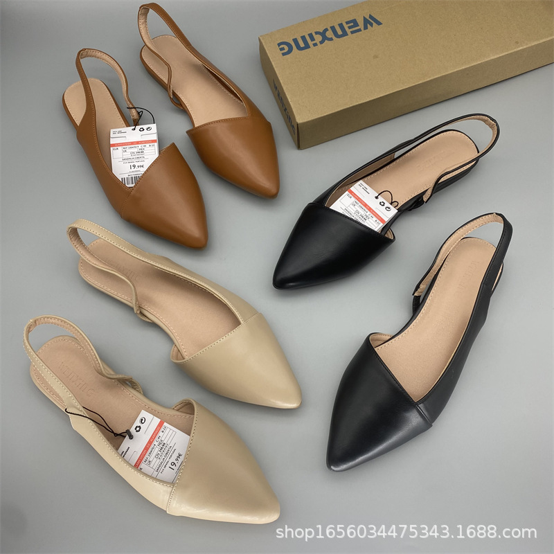 外贸夏款单鞋女2024新款夏季平底尖头百搭温柔仙女风法式包头凉鞋