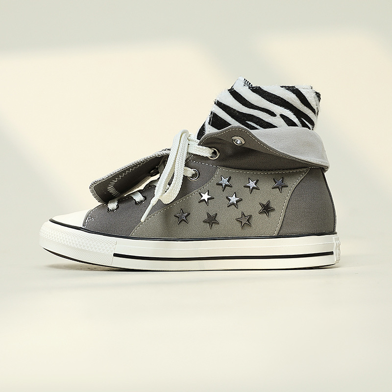 Leopard print high-top canvas shoes, breathable style with rivets, double-layer upper, niche casual shoes, trendy zebra print and star canvas shoes Leopard print high-top canvas shoes, breathable style with rivets, double-layer upper, niche casual shoes, trendy zebra print and star canvas shoes