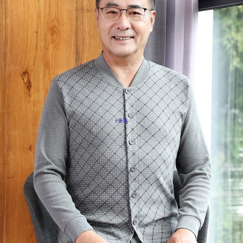 Middle-Aged and Elderly Men's Cardigan Autumn Clothes and Long Pants Set, Dad's Open-Front Thermal Underwear Top, Cotton Sweater Men's Cotton