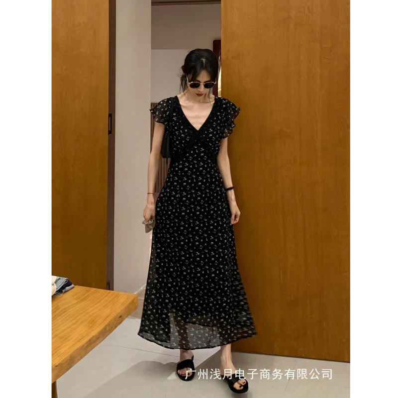 Birvin French-Style Black Textured Lace Floral Dress for Women, New Summer Collection, Very Beautiful V-Neck Waist-Cinching Slimming Long Dress