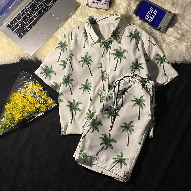 하와이안 비치 꽃 셔츠 남자의 홍콩 맛 복고풍 스타일 반팔 셔츠 세트 캐주얼 스포츠 투피스 세트