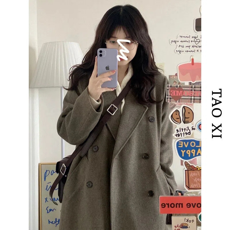 Black woolen coat for students, long jacket, Korean style, loose fit, mid-length, increased thickness