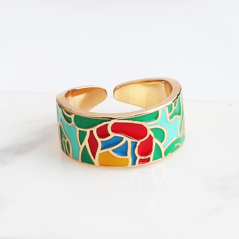 Holiday Occasion Copper Material Retro Color Block Copper Open Ring Inlay Zircon Copper Rings