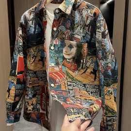 春秋新款男士潮流色织提花彩绘衬衫男女同款时尚百搭宽松休闲外套