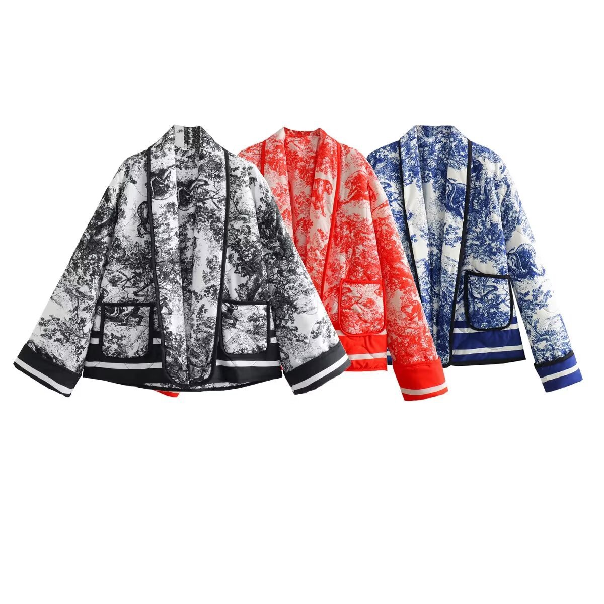 Neue Damenbekleidungskollektion Herbst 2023: Dreifarbige, gestreifte, dekorativ bedruckte, gesteppte, warme Baumwolljacke_voghion.com