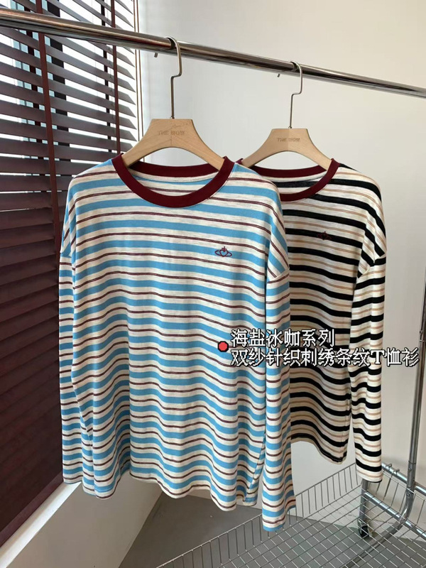 美式复古双纱针织刺绣宽松版撞色罗纹圆领落肩袖条纹T恤女秋季新|undefined