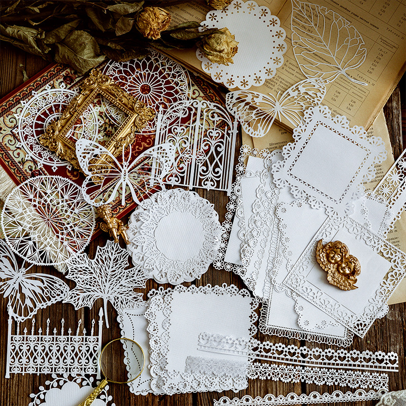 Mo ink hollow lace paper Alice tea party series retro hand account collage material decorative stickers 10 8