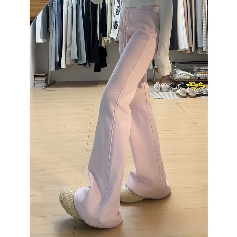 Pink Flared Sweatpants for Women, Autumn and Winter 2025 New High-Waisted Slimming Petite Micro-Flared Drape Fleece-Lined Floor-Length Pants