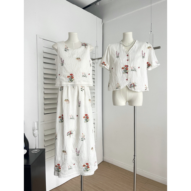 Actual Shot of the 2026 New Linen T-Shirt with a Stylish Design and Intricate Embroidery, Paired with a Summer Casual Skirt Set