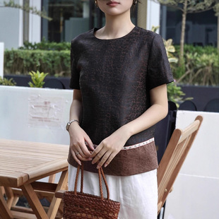 Nanyou Summer New Chinese Style Retro Elegant Silk Crackle Xiangyun Yarn Patchwork Lace Contrast Color Top for Women