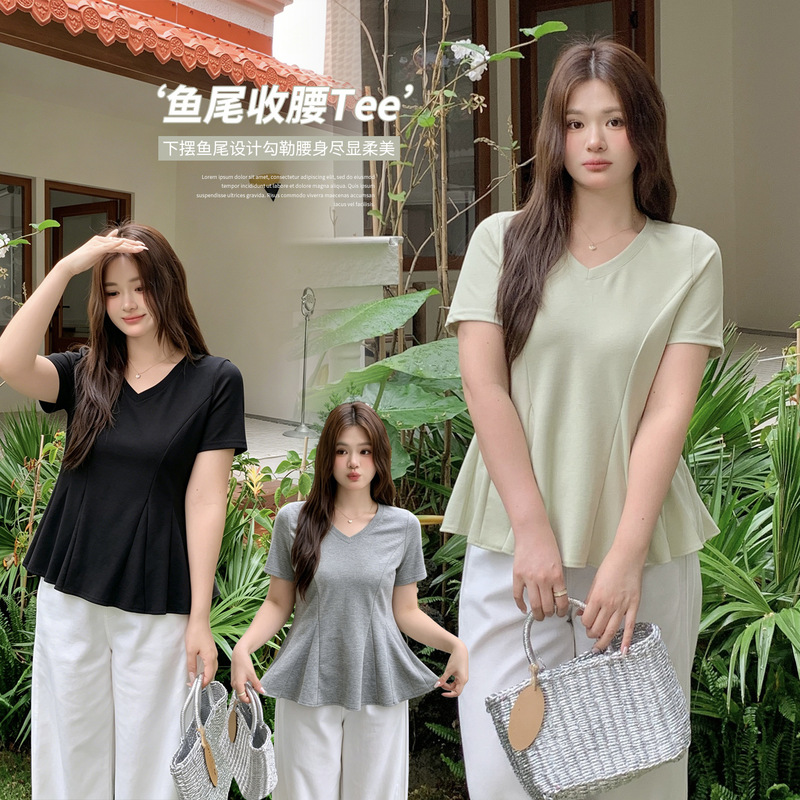 Inno Plus Size Women's Mermaid Tail Waist-Cinching Regular Shoulder Short Sleeve T-Shirt 2026 Summer Slimming and Flattering V-Neck Top 234552