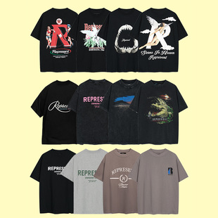 American Style High Street REPRESENT Letter Printing Vintage Men and Women Couple Round Neck Loose Short Sleeve T-shirt