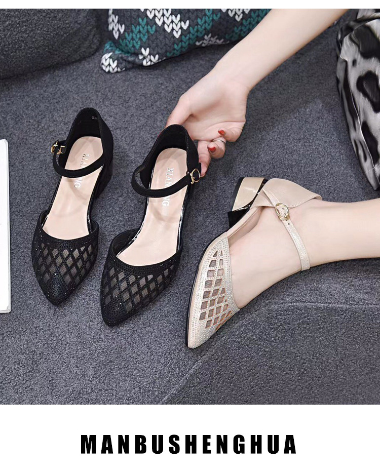 Sandal bít mũi lưới nữ gót thấp mũi nhọn thời trang rỗng khí chất — Màu đen chi tiết 16