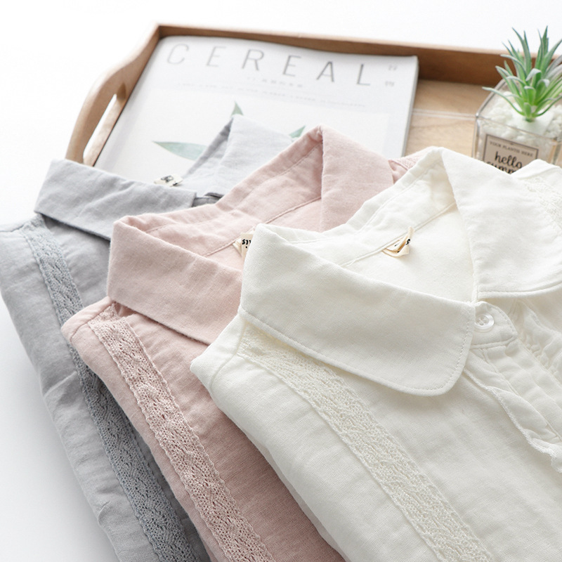 Spring and Autumn 2022 New Double Cotton Yarn White Shirt Lace Organ Pleat Design Lapel Cotton Shirt Women