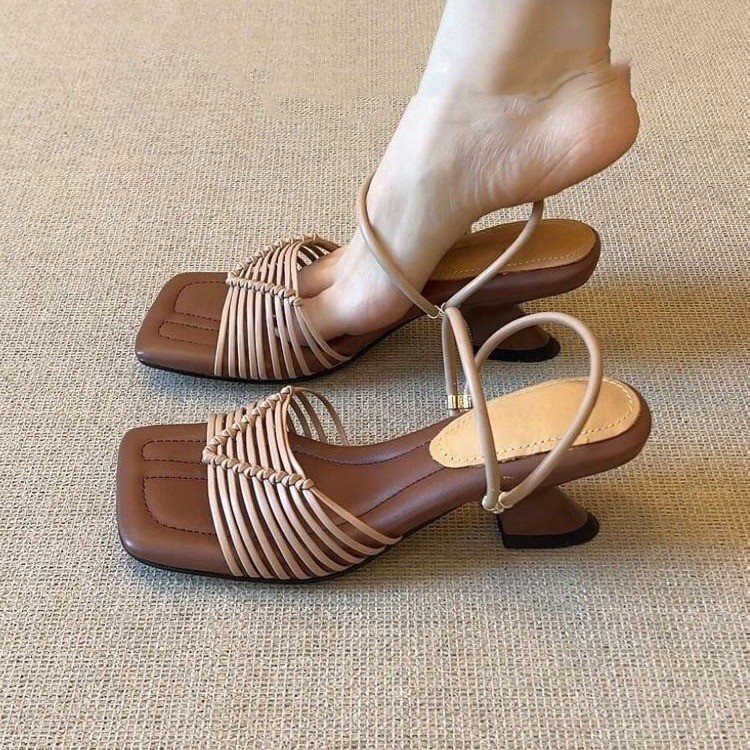 Versatile Roman Sandals for Women, Hand-Woven Square-Toe Strappy High-Heeled Sandals, Open-Toe Sandals with Comfortable Soft Soles