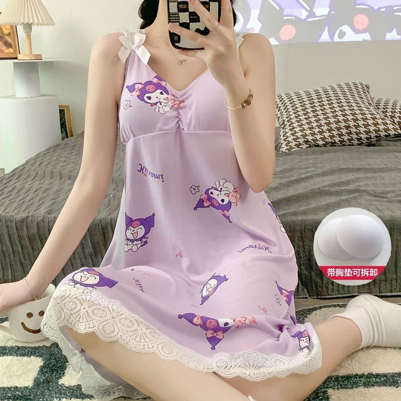 Pijamas al por mayor transfronterizos para mujer de encaje de verano con almohadilla para el pecho para mujer vestido de honda suelto simple para mujer camisón