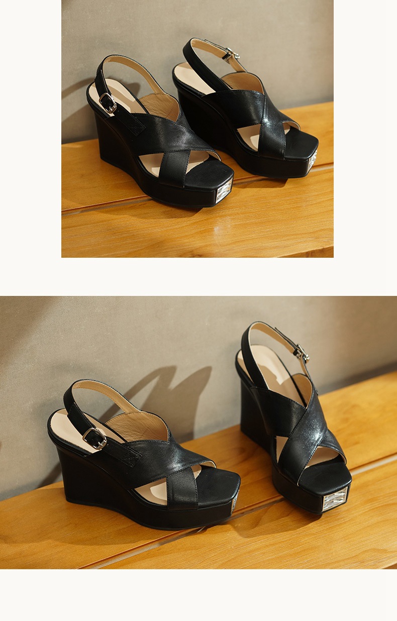 Sandal cao gót nữ hở mũi da cừu đế dày 10 cm, phong cách hiện đại — đen chi tiết 5