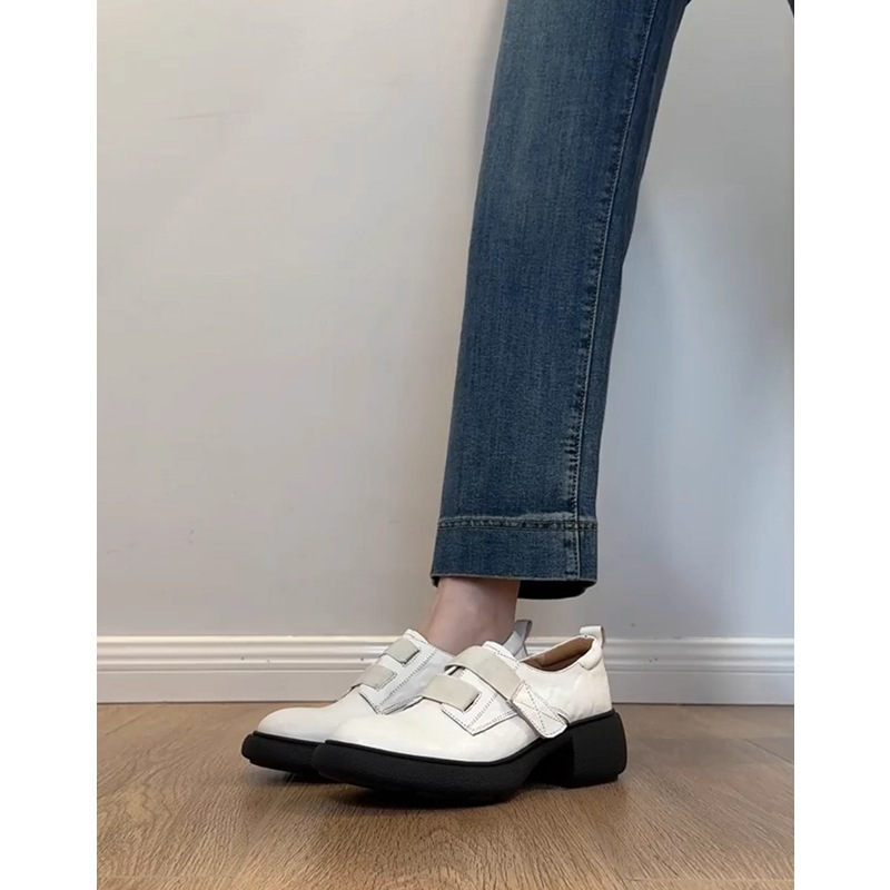 若纪原创真皮厚底魔术贴复古圆头乐福鞋女百搭英伦粗跟小皮鞋单鞋|undefined