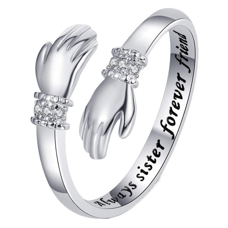 Europeo y americano creativo amor abrazo manos anillo de diamantes letras de las mujeres apertura anillo ajustable regalo de corazón