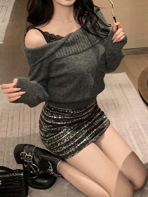 槿一 chic灰色斜肩拼接吊带毛衣女秋季新款修身简约百搭针织衫潮|undefined