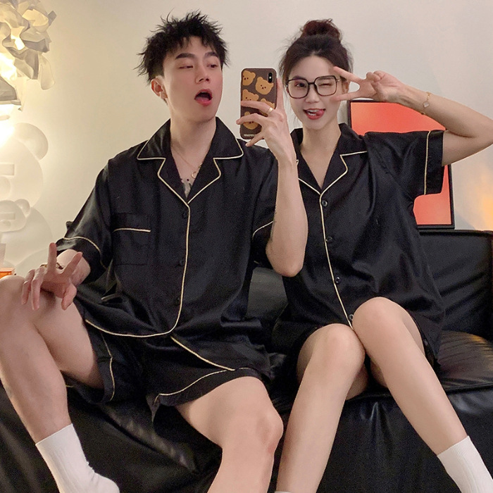 Pijamas de pareja para mujer, modelo nuevo 2024 de verano de seda helada de manga corta, conjunto de ropa de estar de seda de talla grande para hombre.