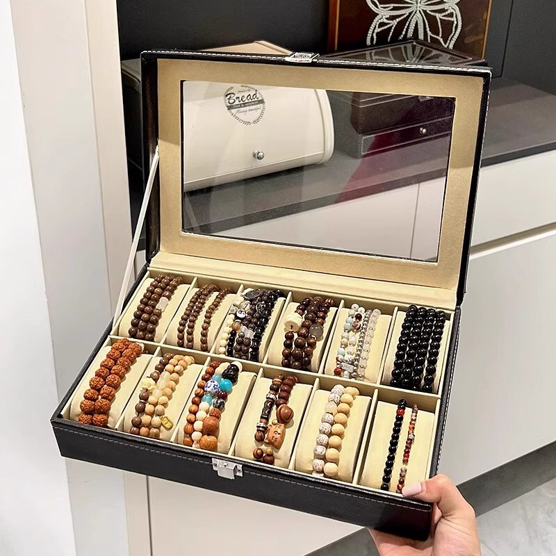 Watch and Bracelet Storage Box, Leather Dustproof, Multi-Compartment, Large Capacity, High-End, Exquisite, for Displaying Buddhist Beads, Light Luxury