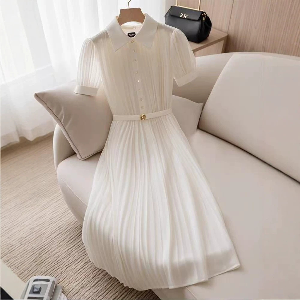 Váy liền maxi cổ chữ V, thiết kế ôm eo, dáng dài thướt tha kiểu Pháp — màu trắng chi tiết 1