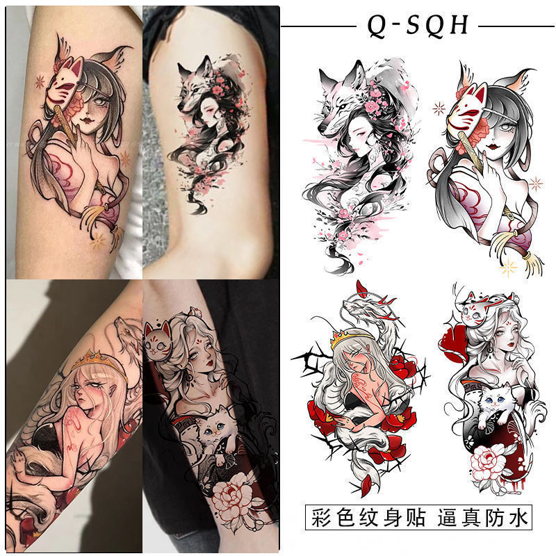 High-Looking Cartoon Geisha Colorful Tattoo Stickers, Realistic Female Arm and Thigh Dark Trendyy Cute and Beautiful