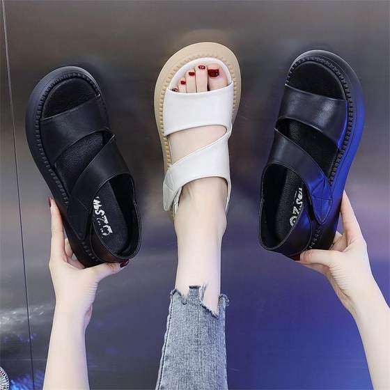 Genuine Leather Roman Sandals Women's 2024 Out New Style Platform Bottom Thick Bottom Slimming Casual Soft Bottom Chanel Style Sandals