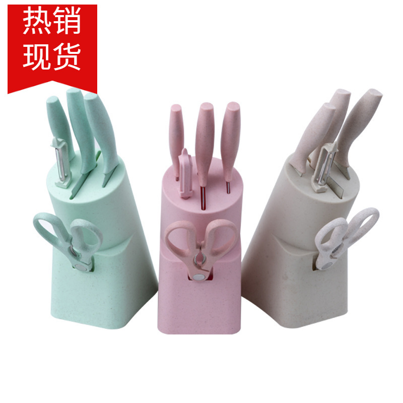 Juego de cuchillos de paja de trigo coloridos en stock del fabricante, con soporte para cuchillos, juego de regalo de 6 piezas de cuchillos de cocina de acero inoxidable para el hogar.