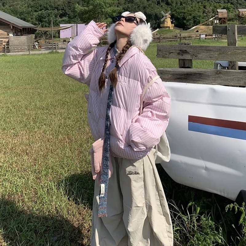 甜美风粉色毛领连帽羽绒棉服女2025年新款冬季加厚短款棉衣棉袄子