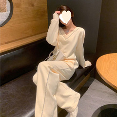 休闲运动套装女2025年春秋新款V领修身显瘦卫衣阔腿裤两件套