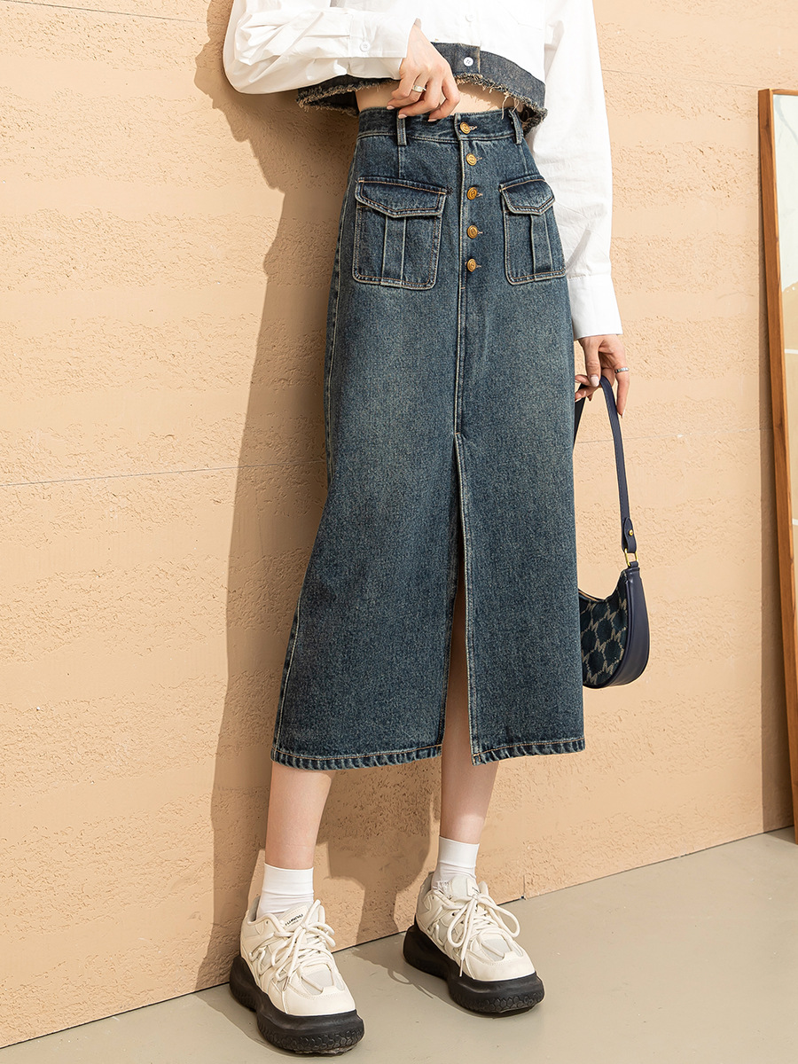 Chân váy denim cạp cao chữ A dáng dài vừa phong cách cổ điển tôn dáng — Màu xanh lam
